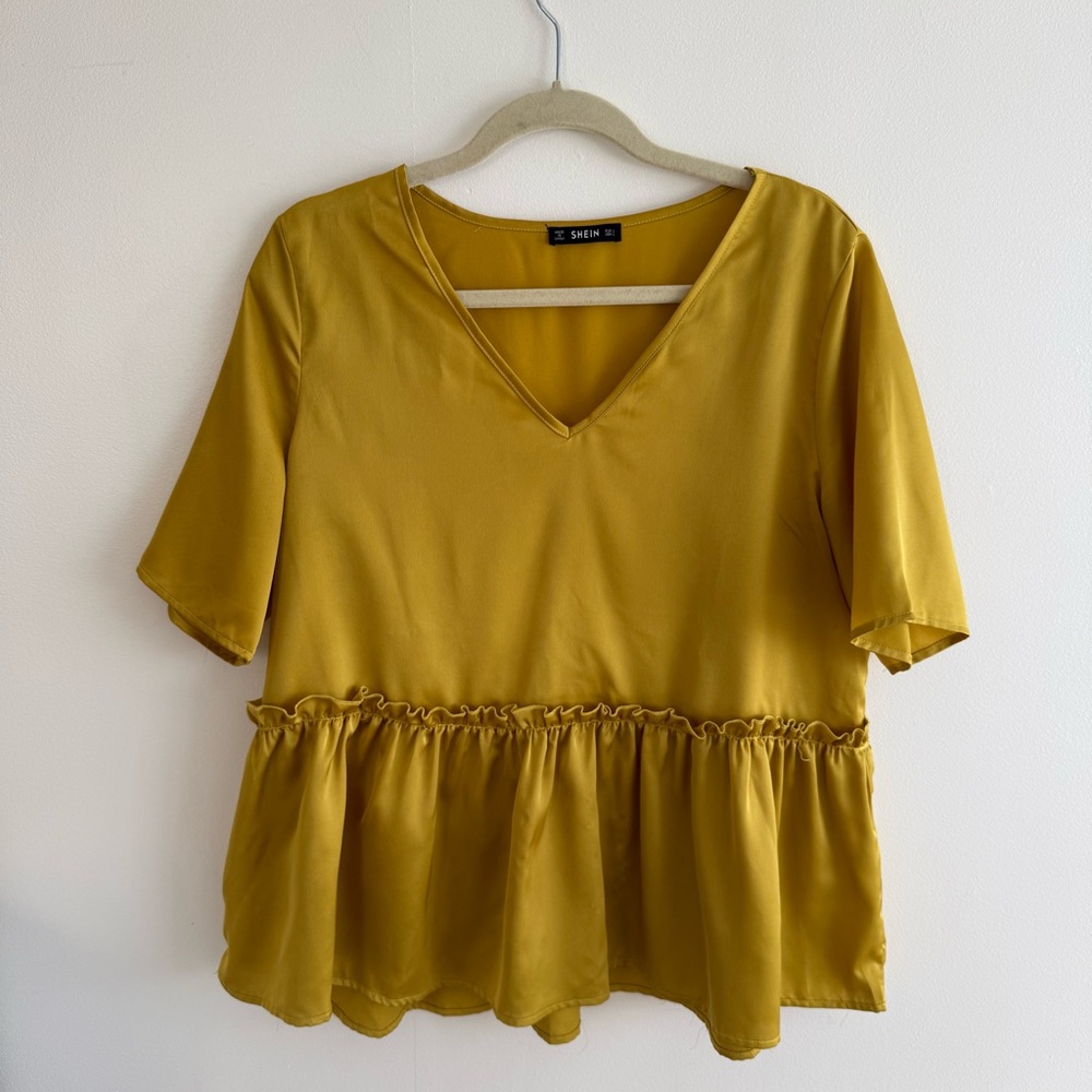 Gold Satin V-Neck Ruffle Peplum Blouse